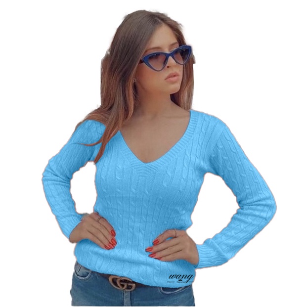 Blusa Feminina Suéter Tricot Trico Decote V Transa Novidade 2022