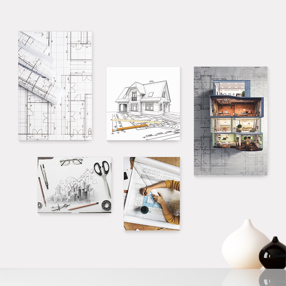 Kit 5 Quadros Decorativos Placas - Arquitetura - Projeto de Arquitetura Casa Quarto Sala - 262ktpl5