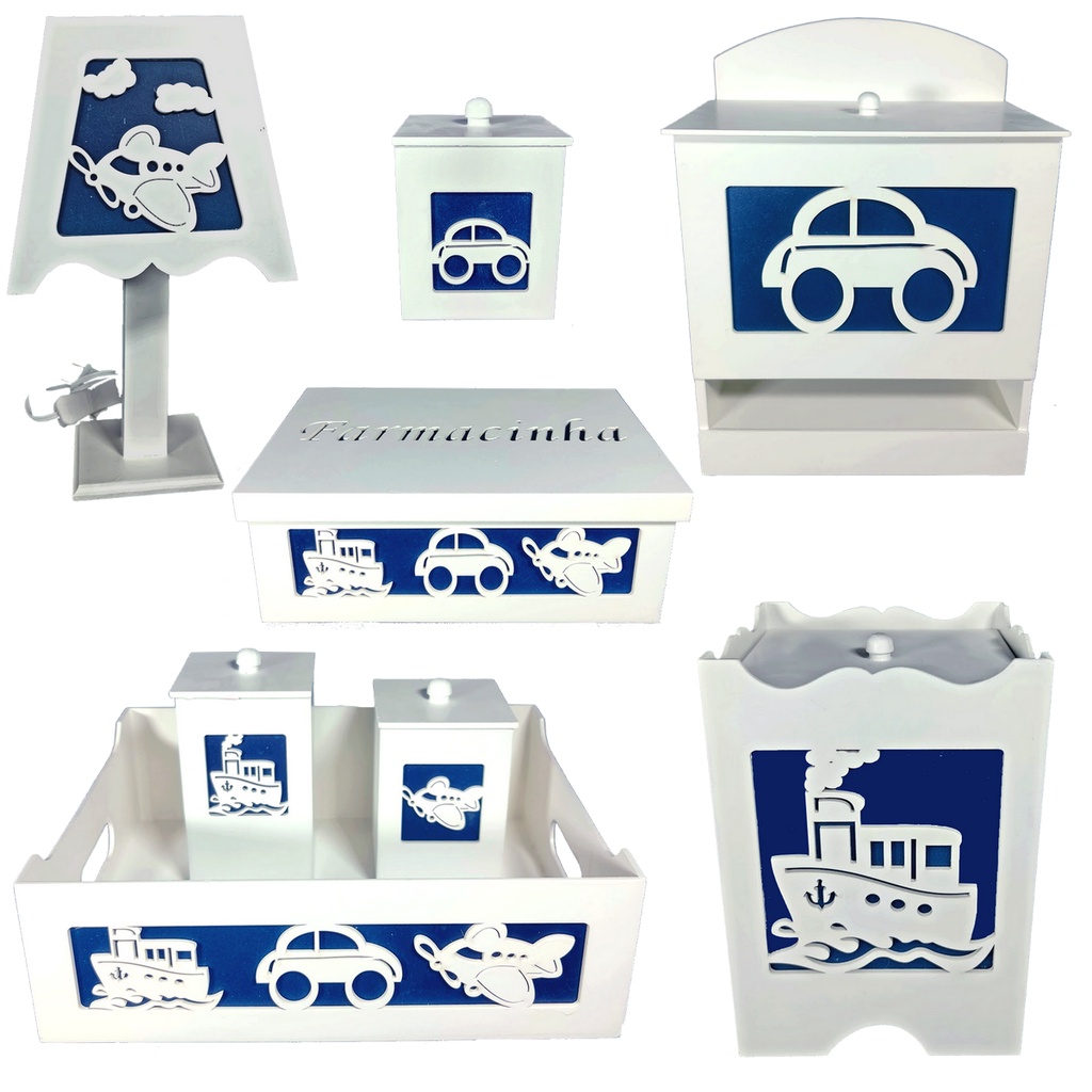Kit de Higiene Bebê Mdf 8 Peças decoração quarto menino - Transporte Azul marinho