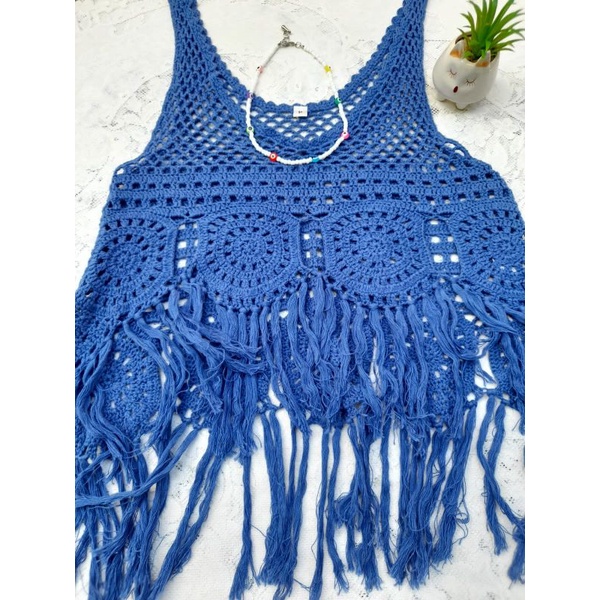 aqua lace tassel top