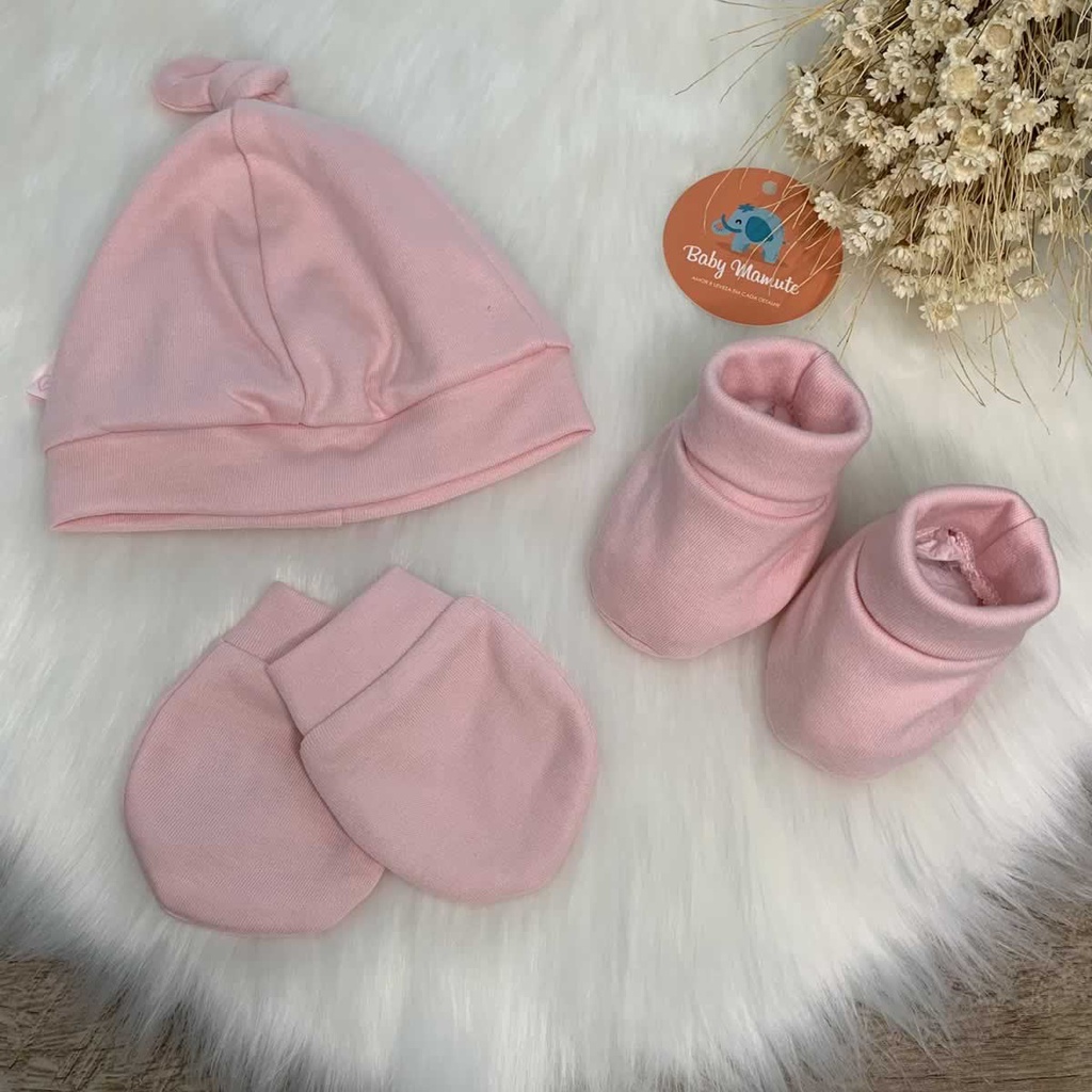 Kit Luva, Touca e Sapatinho Algodão Suedine RN - (Rosa/Azul/Cinza)