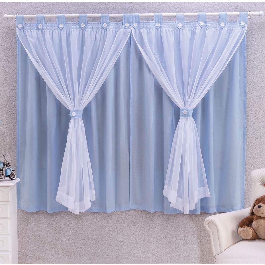 Cortina Para Quarto Do Bebê Azul Com Voal Branco em Oferta na Shopee