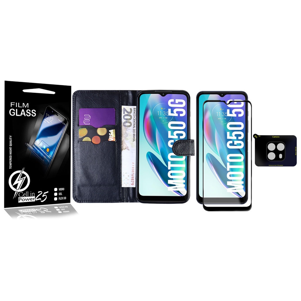 Capa Carteira Para Moto G50 5G XT2149 + Película Vidro 3d + pel Câmera - Cell in Power25