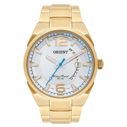 Relogio Orient Masculino Dourado mostrador branco original com calendário A prova d'água aço inox MGSS1159 S2KX