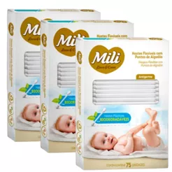 Cotonete Hastes Flexiveis 3 caixas c/ 75 unidades Biodegradável - MILI (total: 225 hastes)