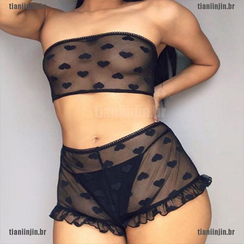 (Jin) 2 Peças femininas de roupa para dormir, modelo sexy, transparente com renda