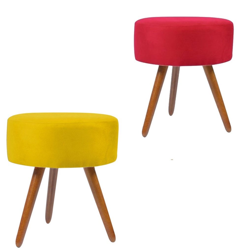 COMBO COM 2 PUF MAGNUS REDONDO PÉS PALITO SUEDE AMARELO E VERMELHO MODERNO PARA QUARTO SALA RECEPÇÃO