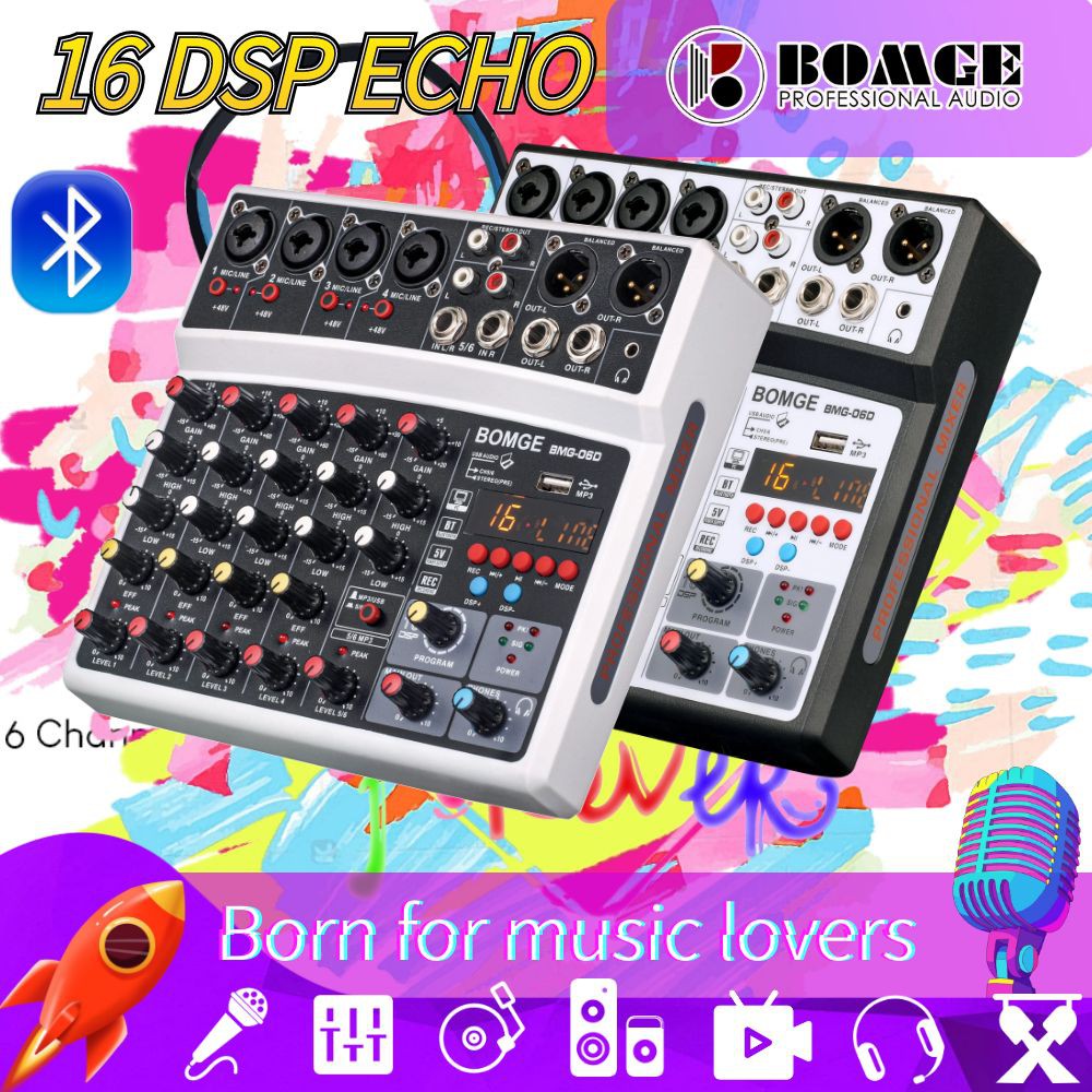 BOMGE 6channel dj mixer De Áudio Com MP3 USB Bluetooth , Disko 48V phantom  power , 5V Fonte De Alimentação , 16 DSP Efeitos De Echo | Shopee Brasil