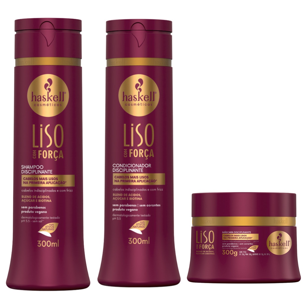 Kit Tratamento Disciplinante Shampoo, Condicionador e Máscara 300g/ml Liso Com Força Haskell