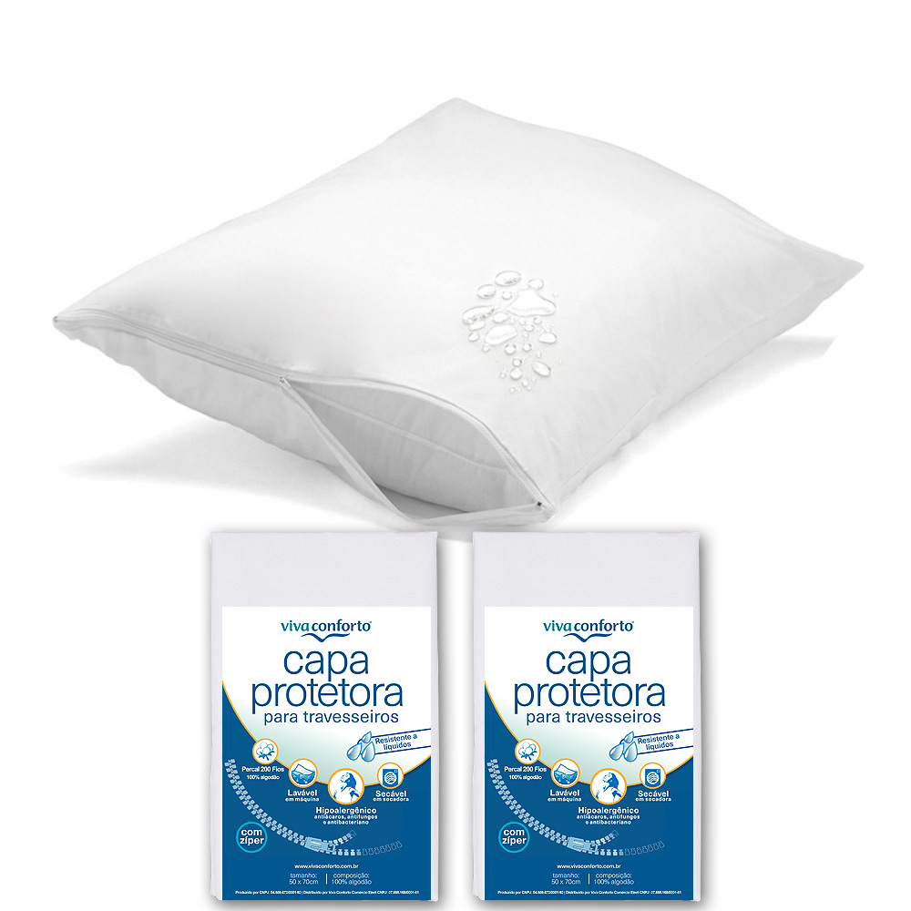 Kit 2 Capas Protetoras de Travesseiros Impermeável 200 fios c/ zíper não faz barulho Viva Conforto