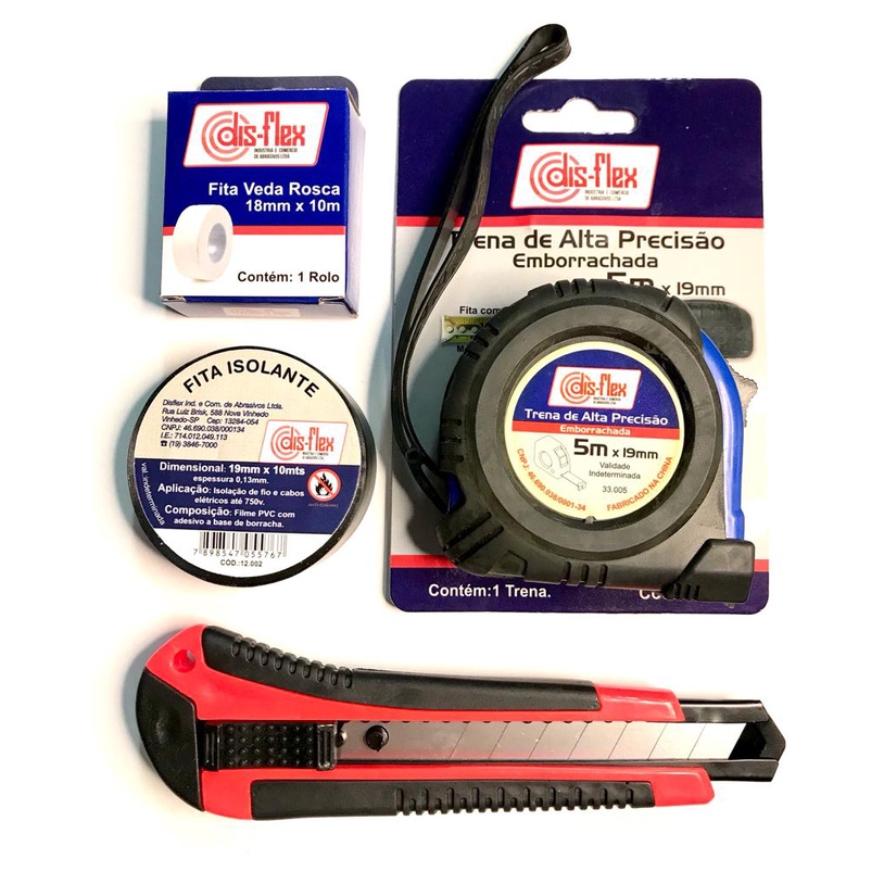 Kit Trena Métrica 5m + Estilete Profissional 18mm + Fita Isolante 10m + Veda Rosca 10m - Disflex