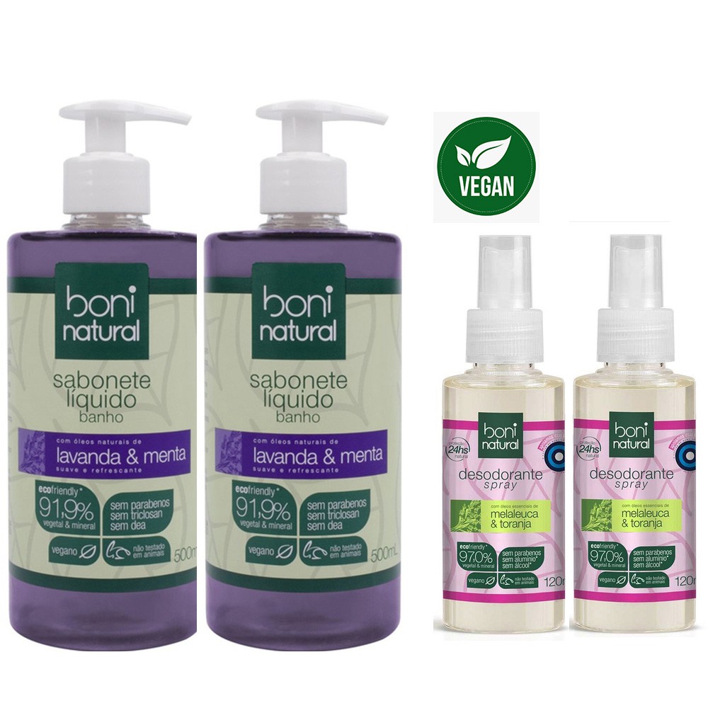 Kit 2 Desodorante Spray Boni 120ml- Vegano + 2 Sabonetes Líquido Banho Corporal e Mãos