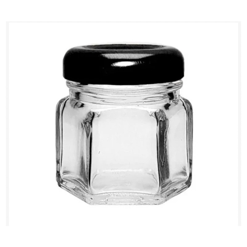 10 Potes de Vidro Belém 40 ml Sextavado Com Tampa Metálica Preta