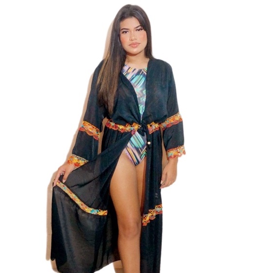 Saída De Praia Preta Longa Vestido Canga Manga Longa Kimono Verão