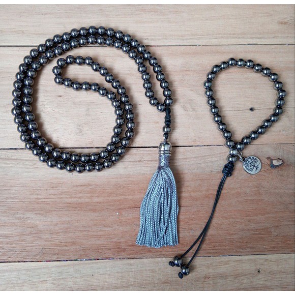 Imagem Japamala 108 Contas Pérola Grafite + Pulseira Rosário Budista Meditação Reiki Ref:04