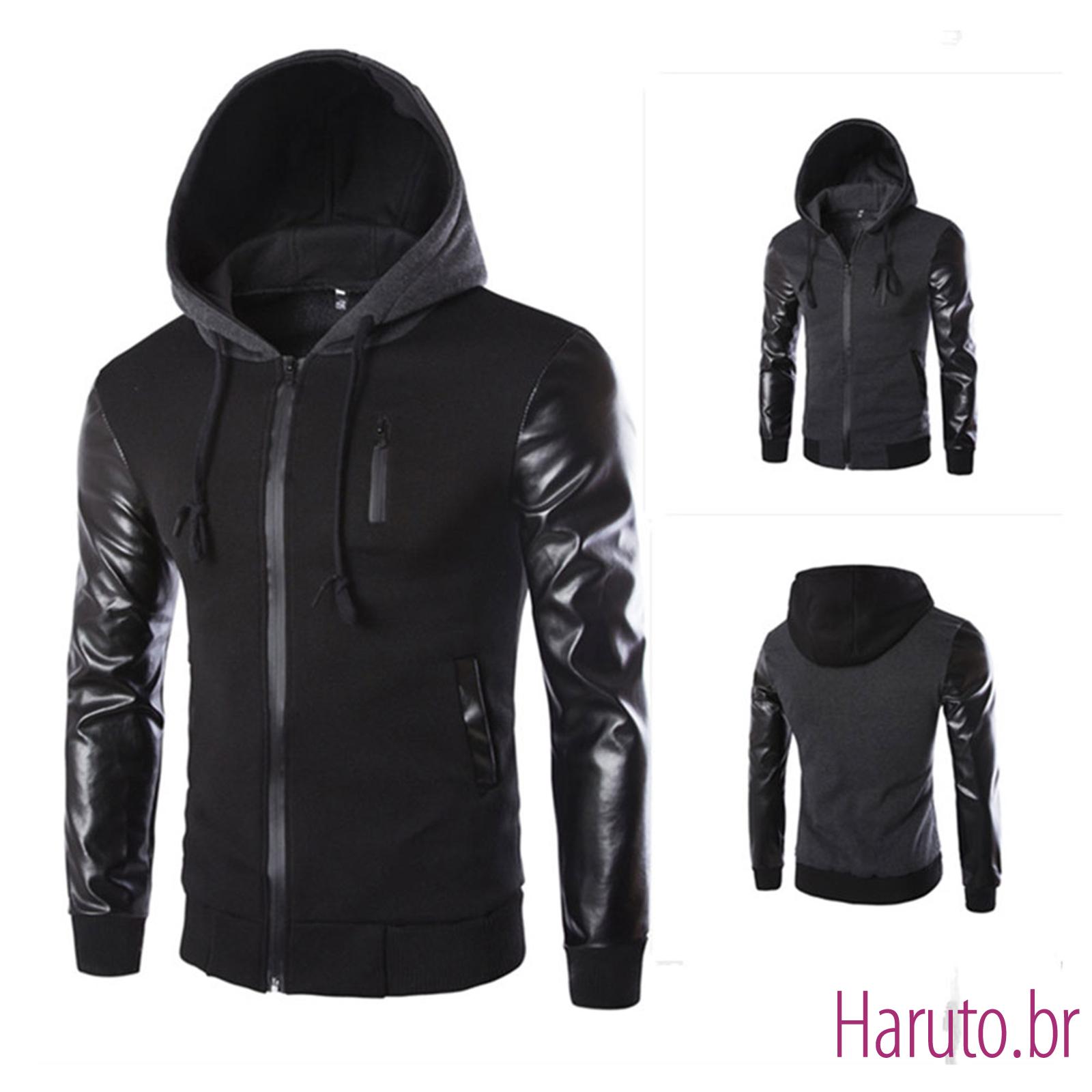 jaqueta masculina de couro com capuz
