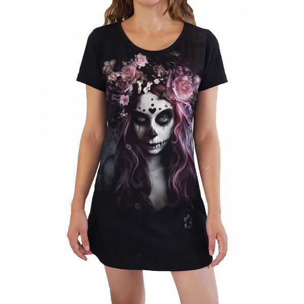 Lindo Vestido Com Estampa Fullprint 3D Skull Caveira Mexicana VE-26