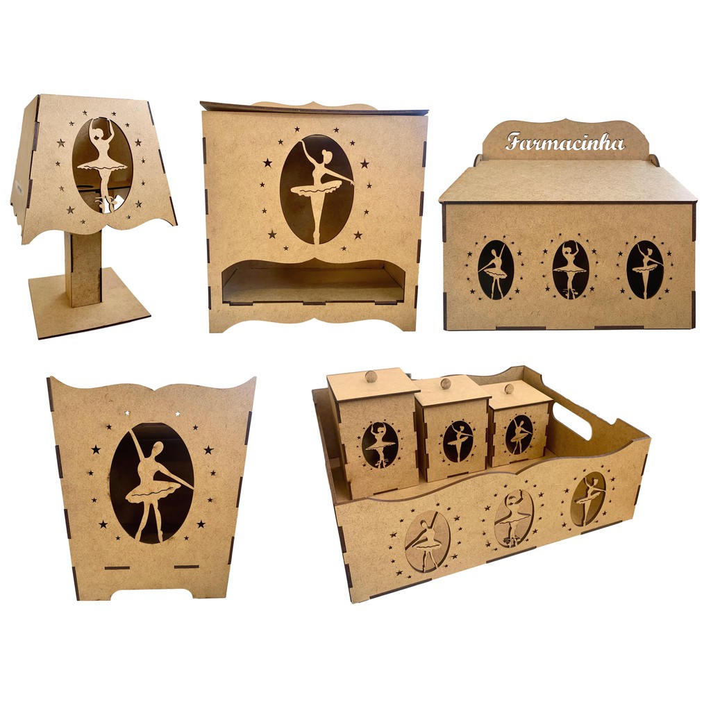 Kit Higiene Bebê Berçário Bailarina Desmontado MDF Cru 8 pcs S/ Fiação e C/ Placas de Fundo