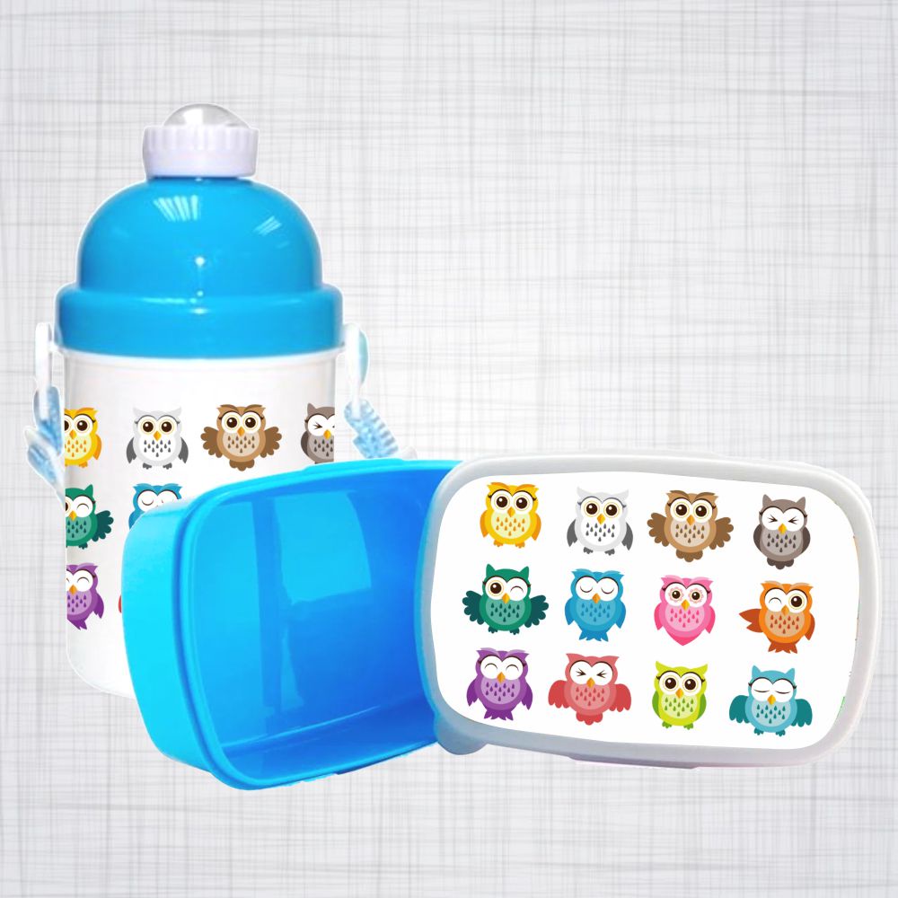 Kit Escolar Lancheira marmita Plastica e Squeeze azul coruja