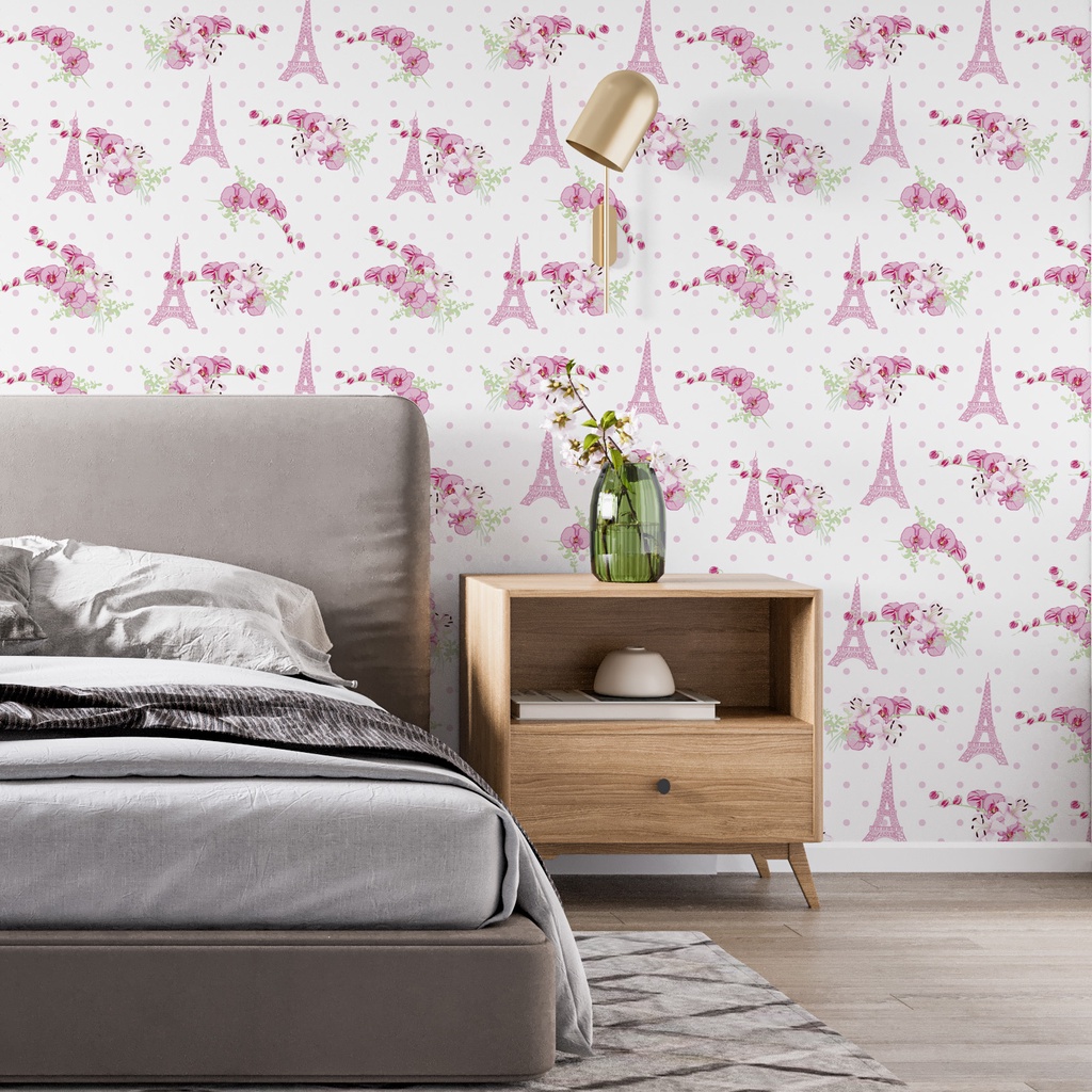Papel De Parede Adesivo França Paris Torre Rosas Tons Claro Adesivo Lavável - Pro Decor