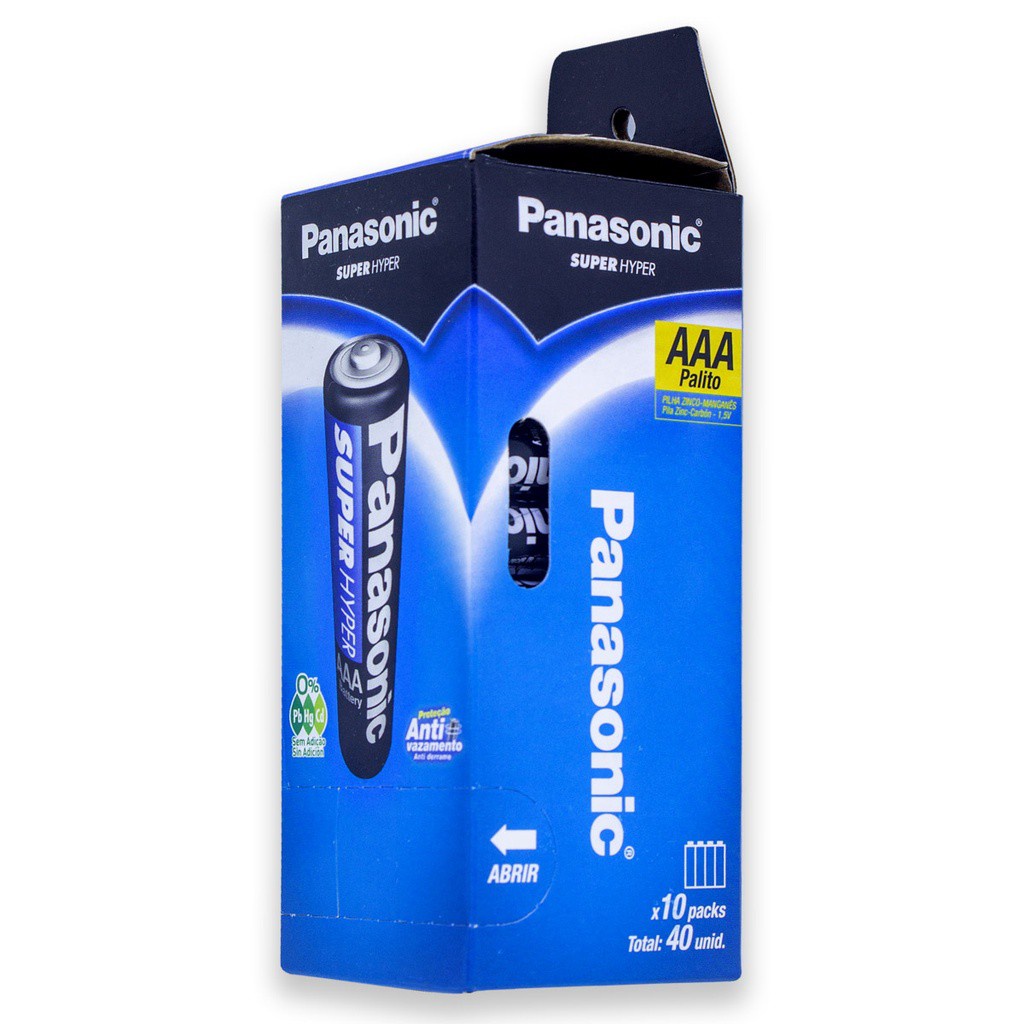 Pilha Zinco AAA Panasonic Bateria Carvão 3A Palito Tubo kit com 40 unidades
