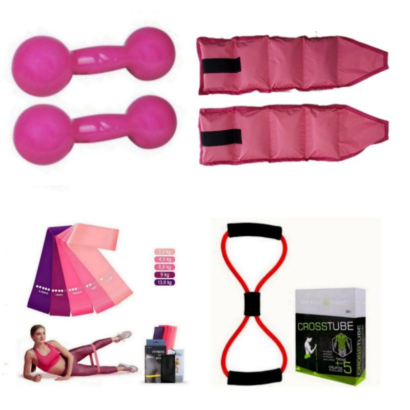 Kit Fisioterapia Treino Funcional Par Halter 2 Kg + Par Caneleira 2 Kg + Kit Theraband + Elástico Multifuncional