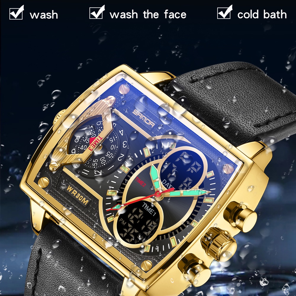 SANDA Relógio De Pulso Masculino Luminoso Com Display LED Digital De Três Fusos De Hora/Multifuncional/Quartzo 6032-9 — imagem 2 de 2