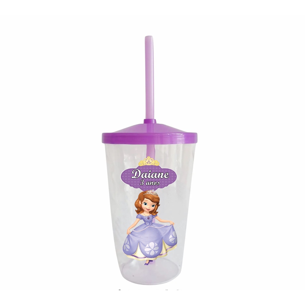 30 Copos Twister Shake Personalizado 400ml C/Tampa e Canudo Lembrancinha Princesinha Sofia