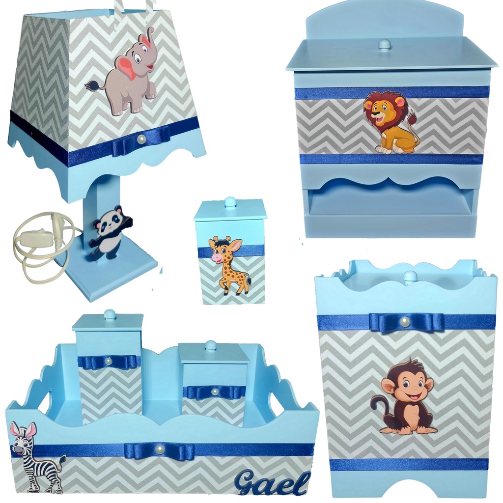 Kit Higiene Bebê Mdf 7 Pçs + 1 Nome - Safari Azul Bb Chevron
