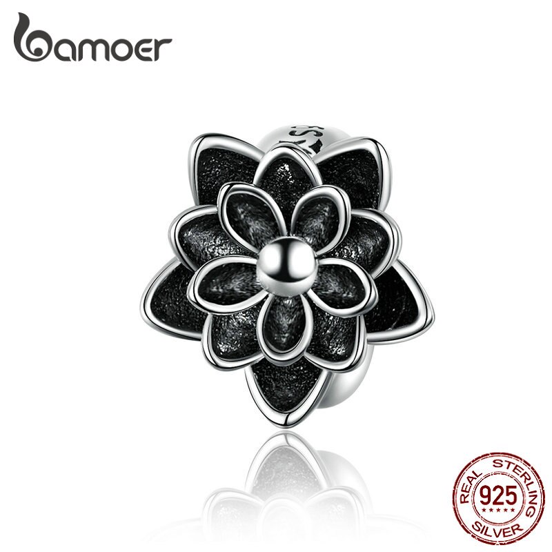 Bamoer 925 Sterling Silver Preto Flor De Lótus Charme Compatível Para O Original Cobra Pulseira Pulseira Jóias Fazendo Scc1196