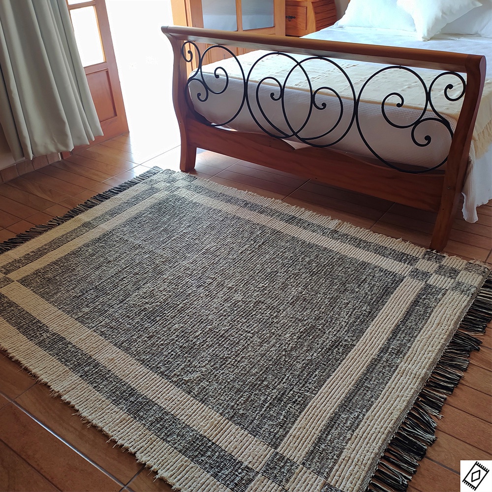 Tapete Dama 150×200 Preto Sala Tear Algodão Peludo Grande Boho