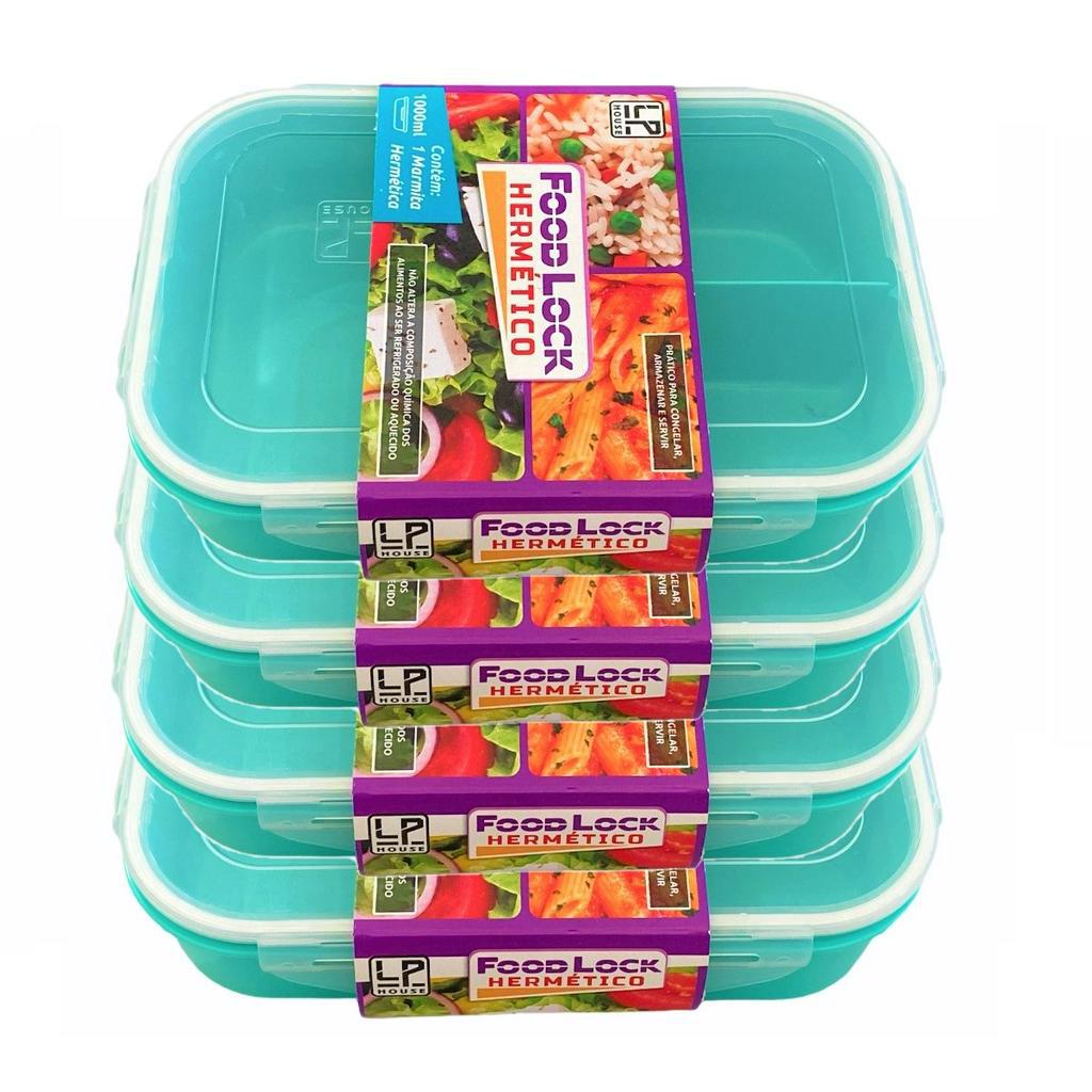 Kit 4 Marmitas Plastica Hermetica 1L Com Trava E Divisoria