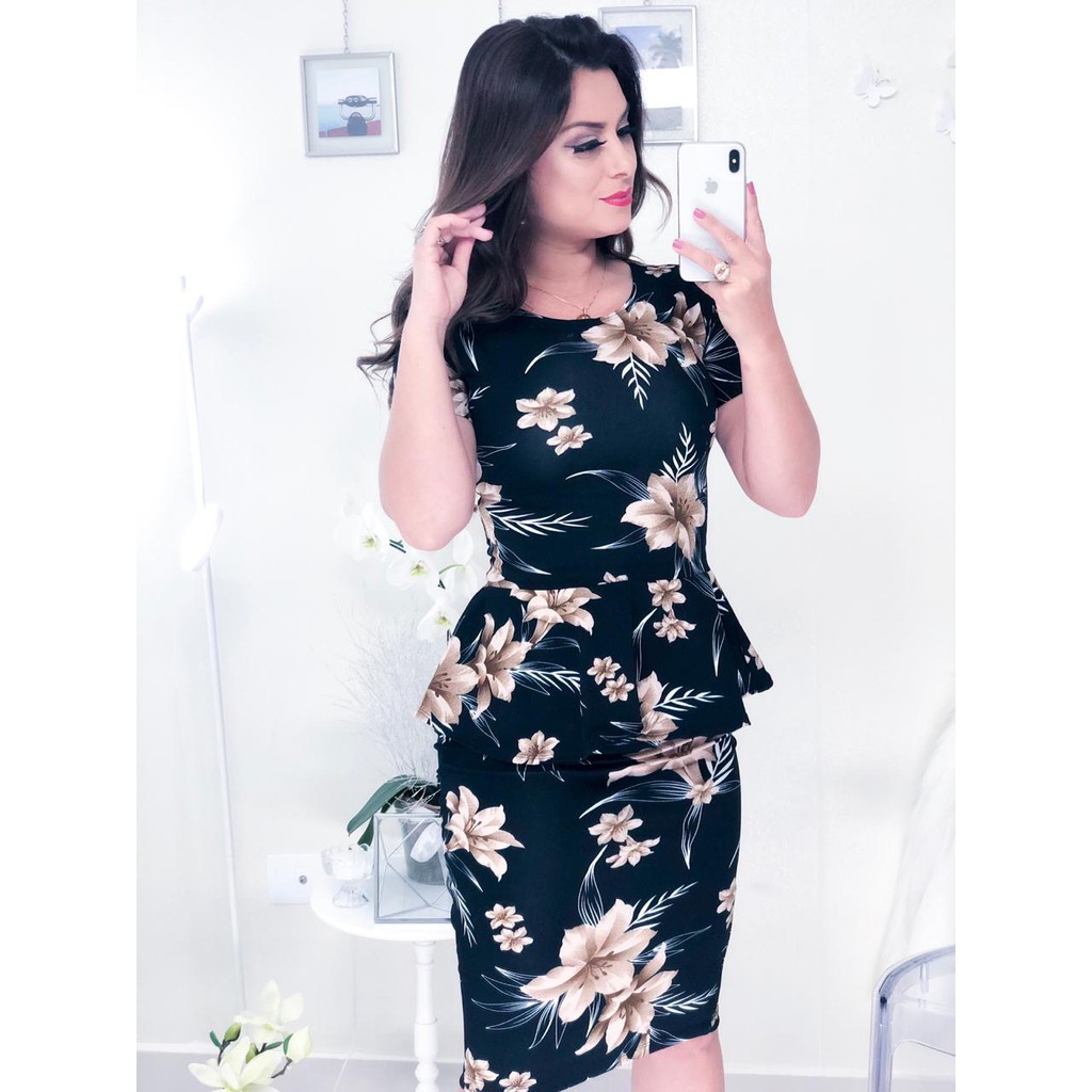 Conjunto Saia Midi Lapis E Blusa Peplum Moda Evangélica