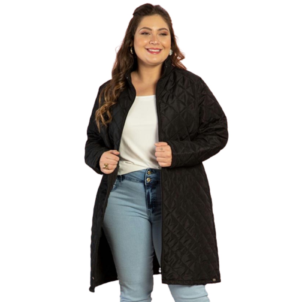 Casaco Sobretudo Jaqueta Alongada Plus Size Puff com Bolsos de Inverno Tamanhos Grandes Quentinho