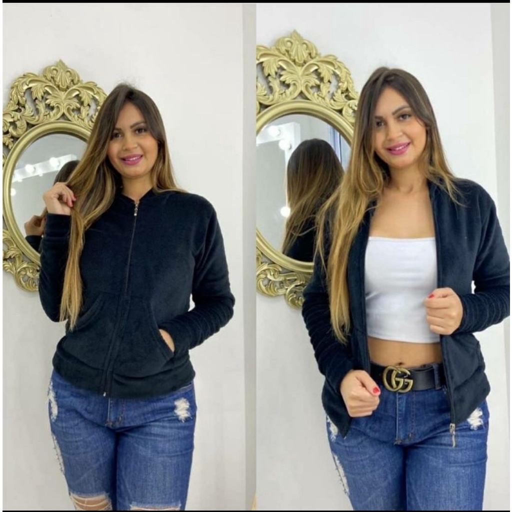 Blusa com zíper e capuz de pelinhos felpuda soft - 155