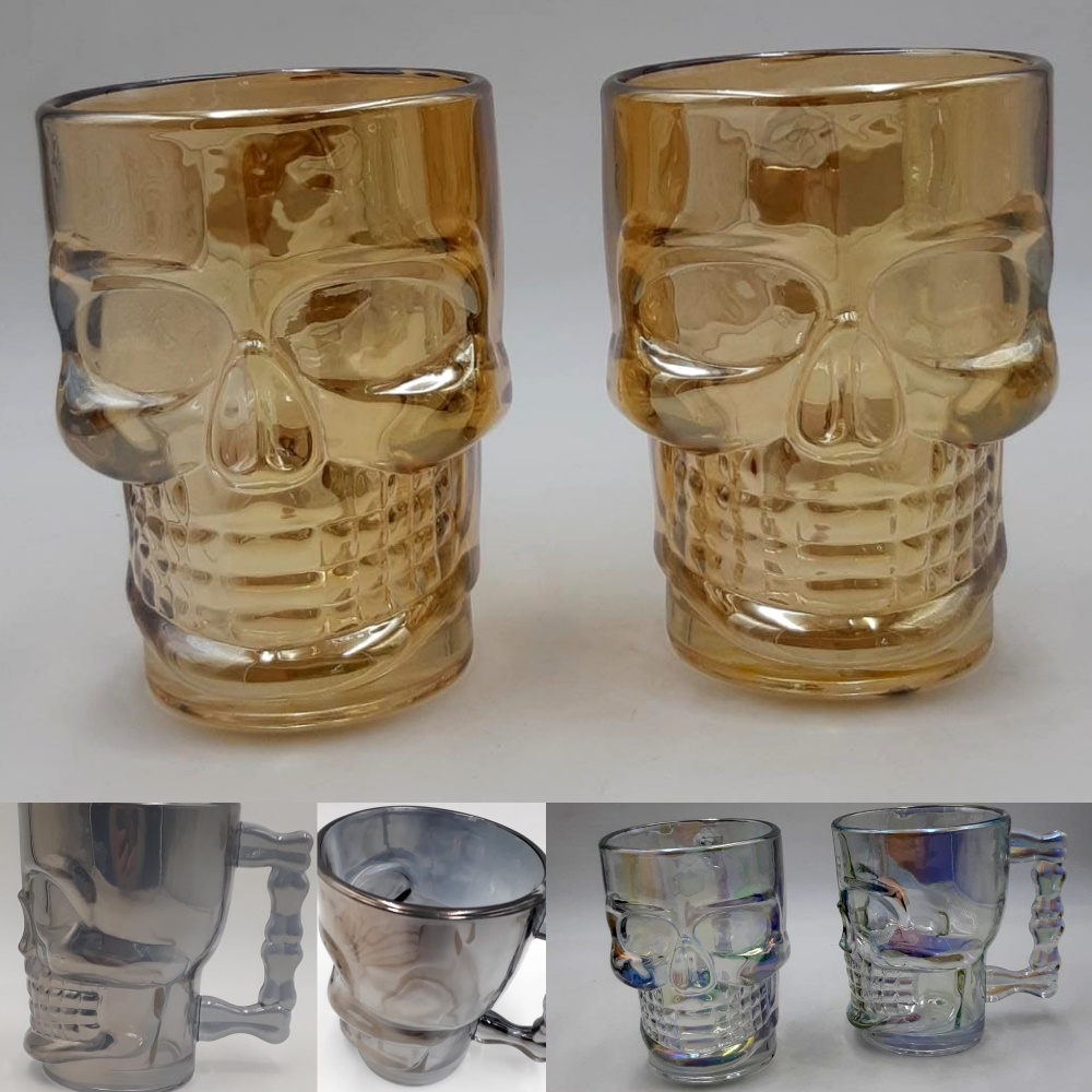 Kit 2 caneca chopp caveira crânio 3D vidro espelhado 500ml três opções de cor