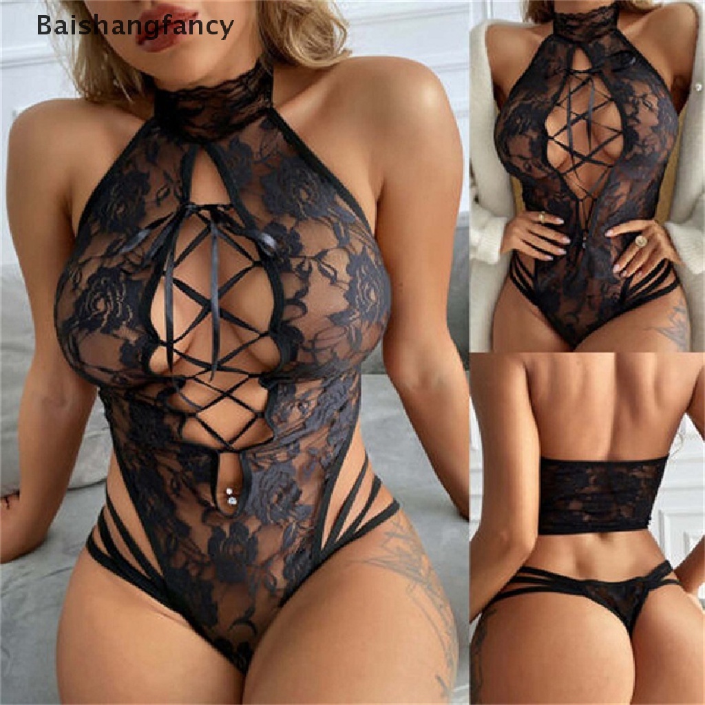 BSFY Fato De Corpo Feminino Tentador De Renda Preta Halter Sexy Lingerie  Porn Roupa ntima Macaco Vazio Veja-Atravs - Escorrega o Preo