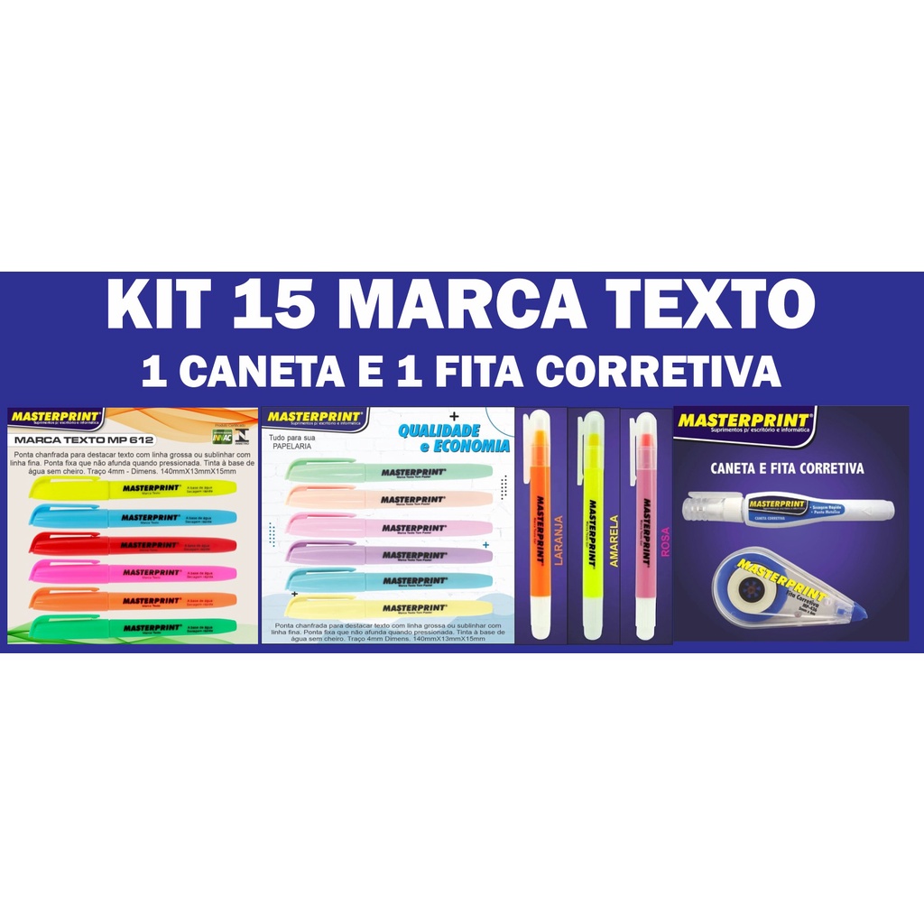 Kit 15 Marca Texto(6 Neon, 6 pastel, 3 gel), 1 Caneta E Fita Corretiva
