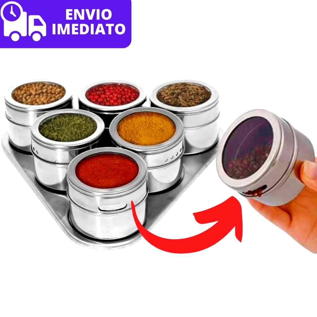 Kit 6 Porta Tempero Porta Condimento Inox Magnético Com Imã Para Geladeira e Suporte