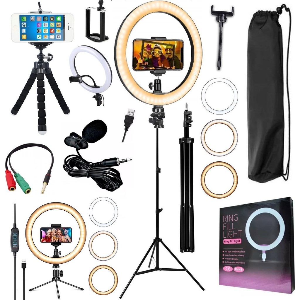 Kit Youtuber Tripé Profissional Microfone de Lapela Para Celular Iluminador Ring Light Led 10 Polegadas Suporte Foto Vídeo Selfie Makeup Original Universal Iphone Android