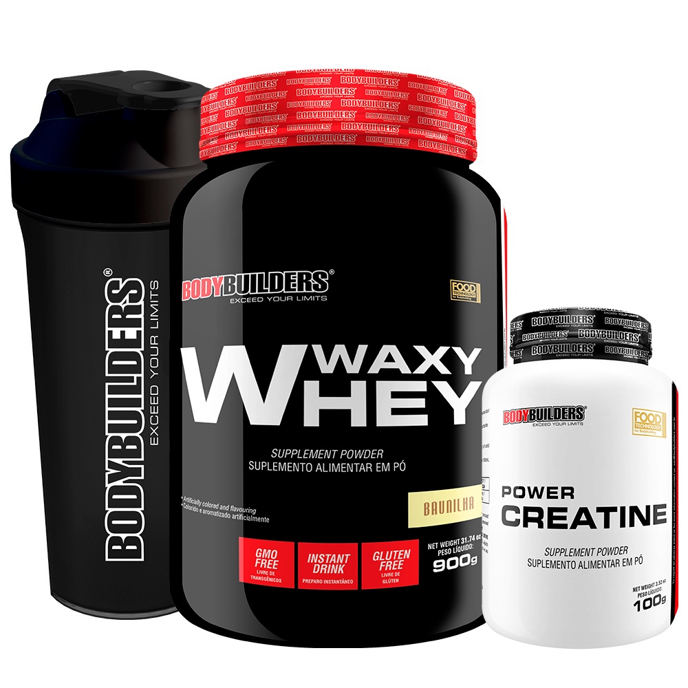 Kit Waxy Whey 900g, Power Creatina 100g, Coqueteleira - BodyBuilders