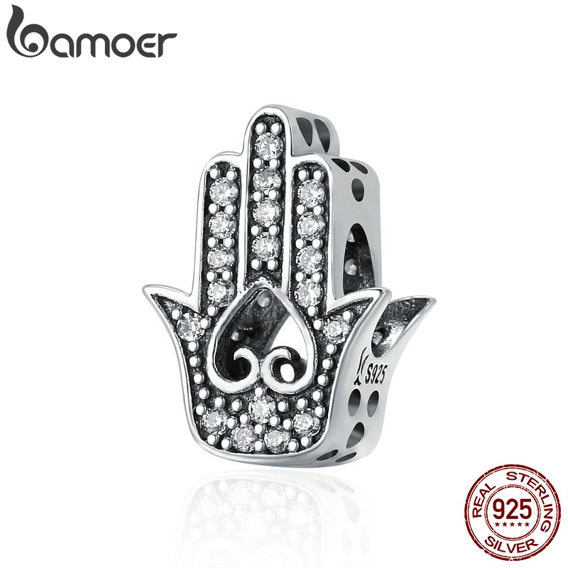 BAMOER Authentic 925 Sterling Silver Good Luck Hand Of Fatima Charms fit Women Bracelets & Necklaces DIY Silver jewelry SCC225 em Oferta na Shopee