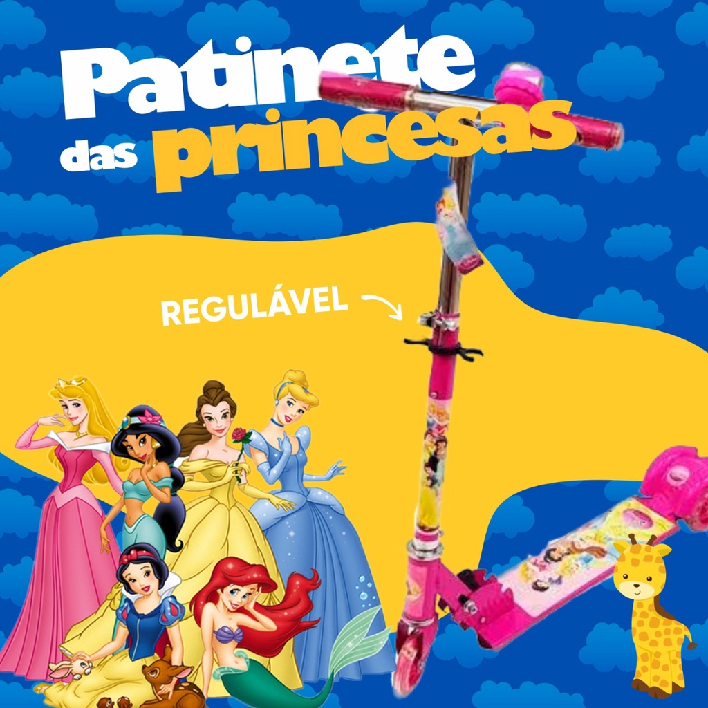 Patinete de Ferro Princesas Disney Infantil com Buzina e Led