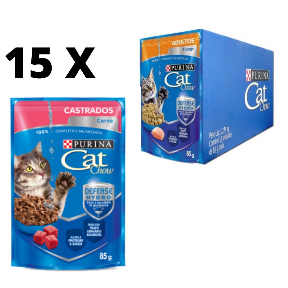 Sachê Cat Chow Ração Úmida para Gatos carne castrados adulto 85g 15 ...