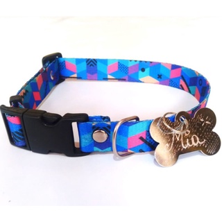 Coleira para cachorro+Plaquinha de identificação/GRAVAMOS para cachorro Mosaico Azul.