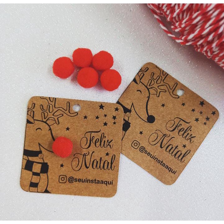 50 peças Tag Natalina Kraft - Etiqueta - Rudolph - Rena + 50 Pompons na cor  vermelha -Diy | Shopee Brasil