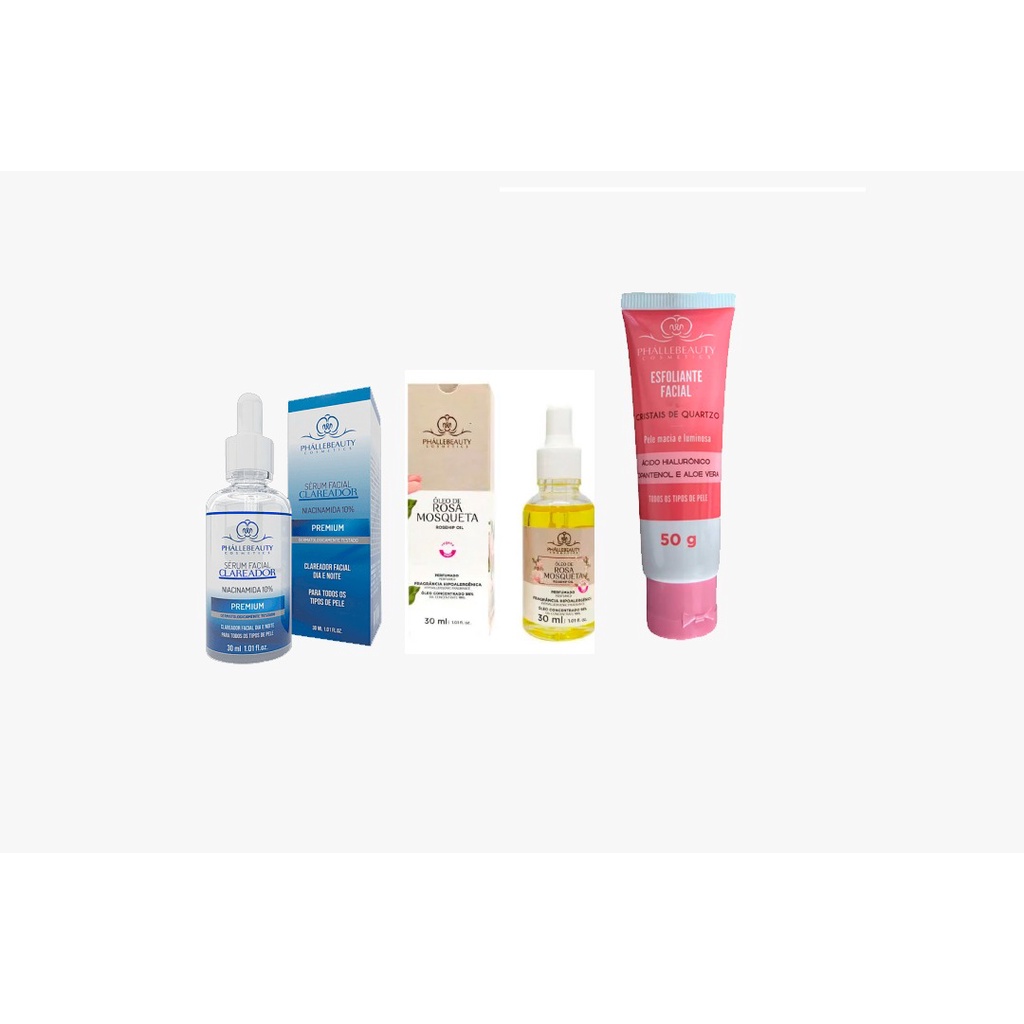 Kit com Sérum Facial Rosa Mosqueta +Sérum Facial Clareador +Esfoliante Facial PhalleBeauty