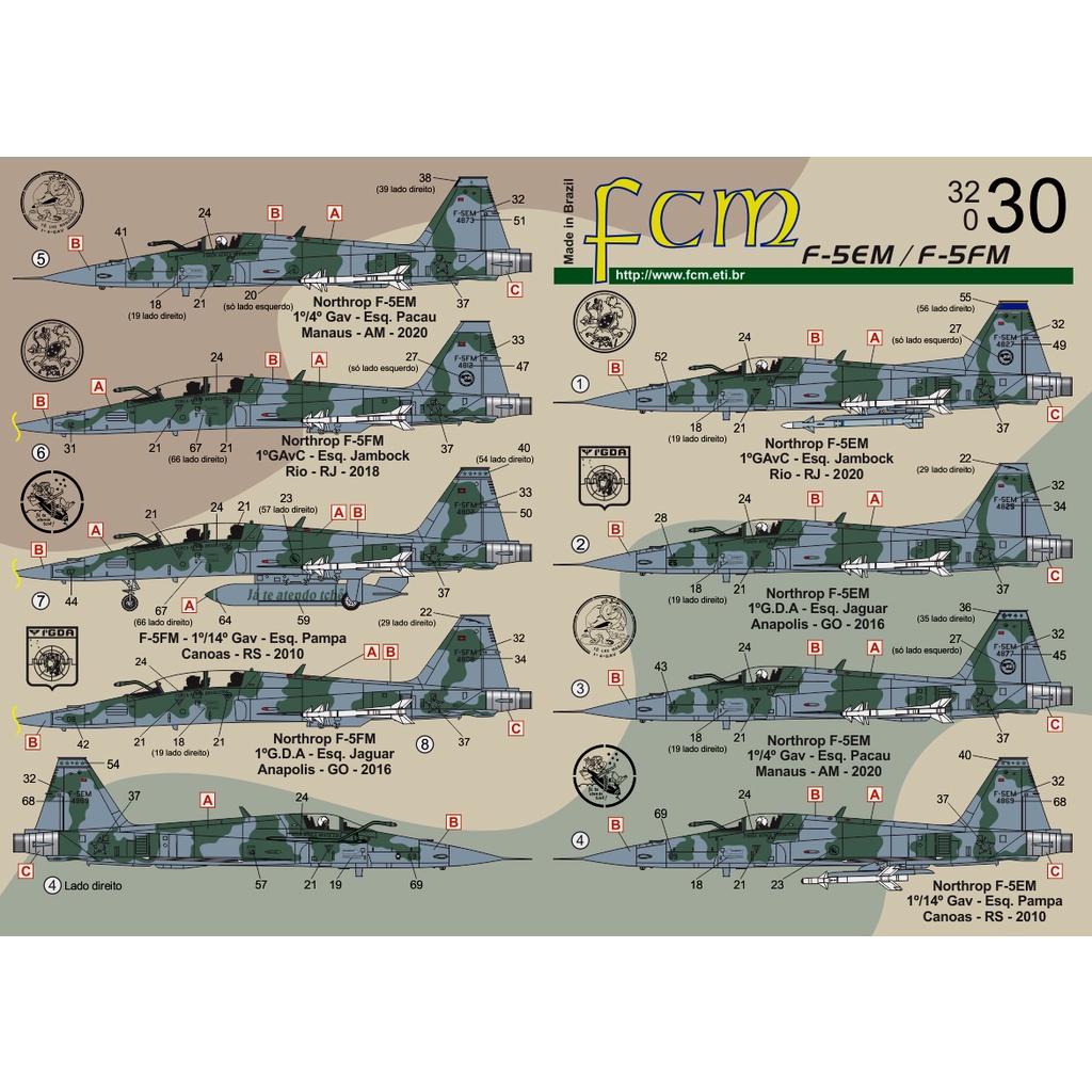 Decal F-5 EM/FM Tiger Il FCM32030 1/32 Decalque P/ 08 Opções Plastimodelismo