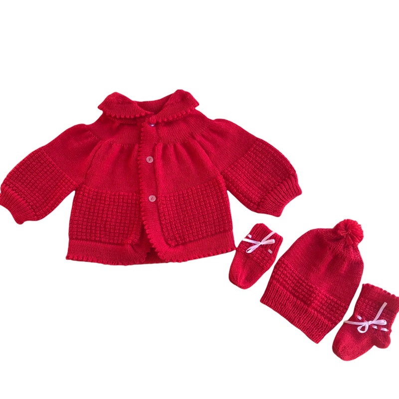 Casaco Gola com Touca, Luva e Sapato Vermelho Bebê Tricô Maternidade em Oferta na Shopee