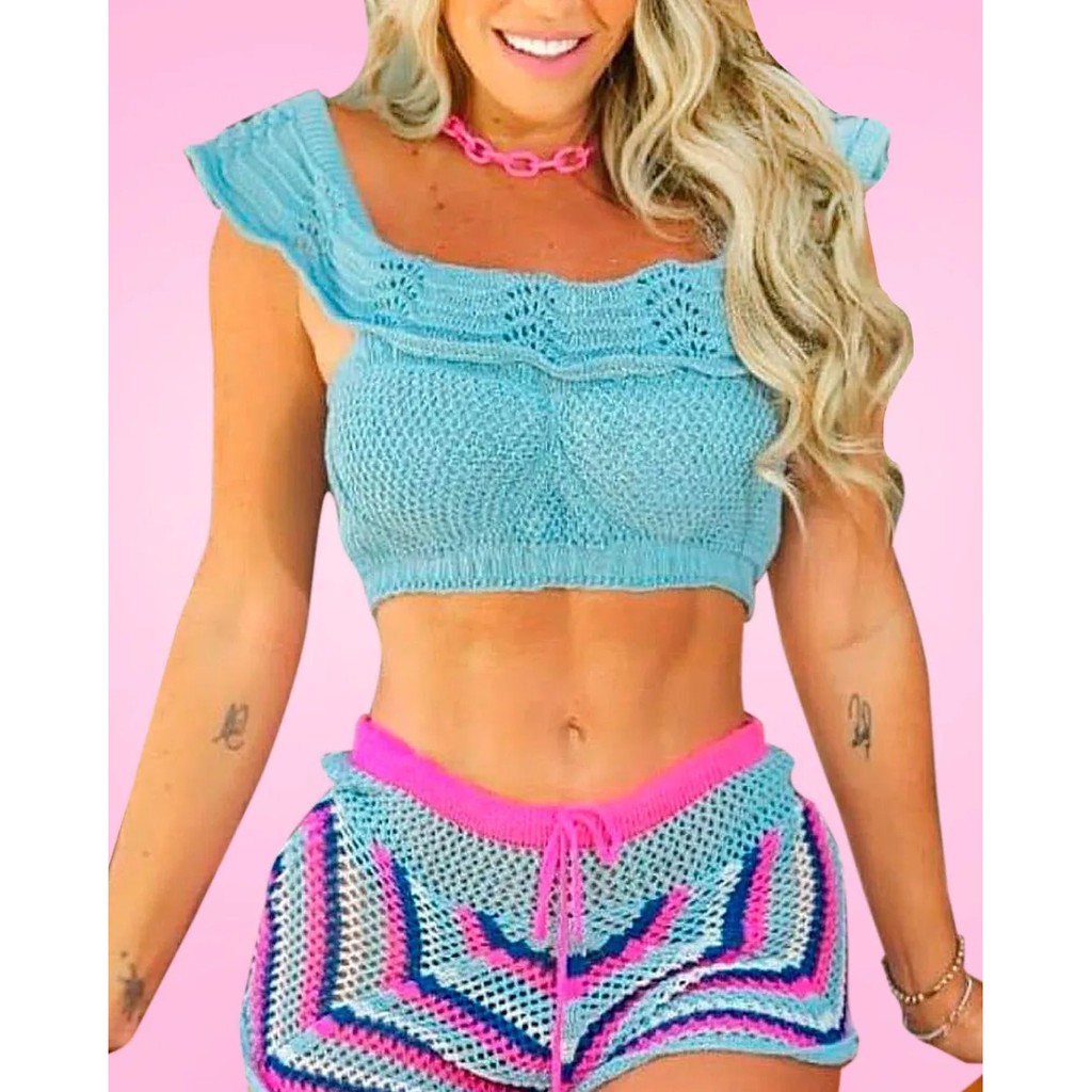 Conjunto Saída De Praia Top E Shorts Crochê Tricot Verão Modelo 2 | Shopee  Brasil